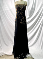 Luxurious Vintage Black Thin Strap Gold Beaded Embroidery Chiffon Long Formal Prom Dresses