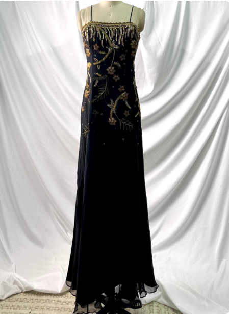Luxurious Vintage Black Thin Strap Gold Beaded Embroidery Chiffon Long Formal Prom Dresses
