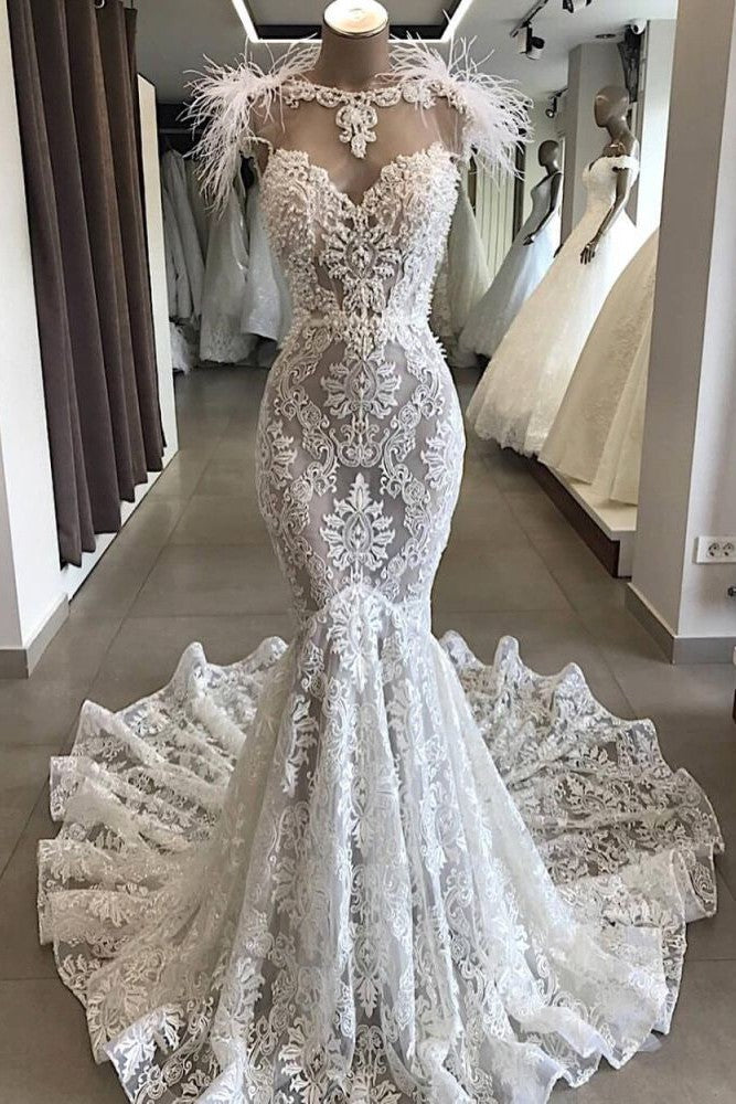 Luxurious White Hollow Sweetheart Open Back Lace Long Wedding Dress With Fur Neckline Secondary image