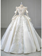 Luxury Ball Gown High Neckline Long Sleeves Sequin White Wedding Dresses Brides Dresses