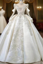 Luxury Ball Gown High Neckline Long Sleeves Sequin White Wedding Dresses Brides Dresses