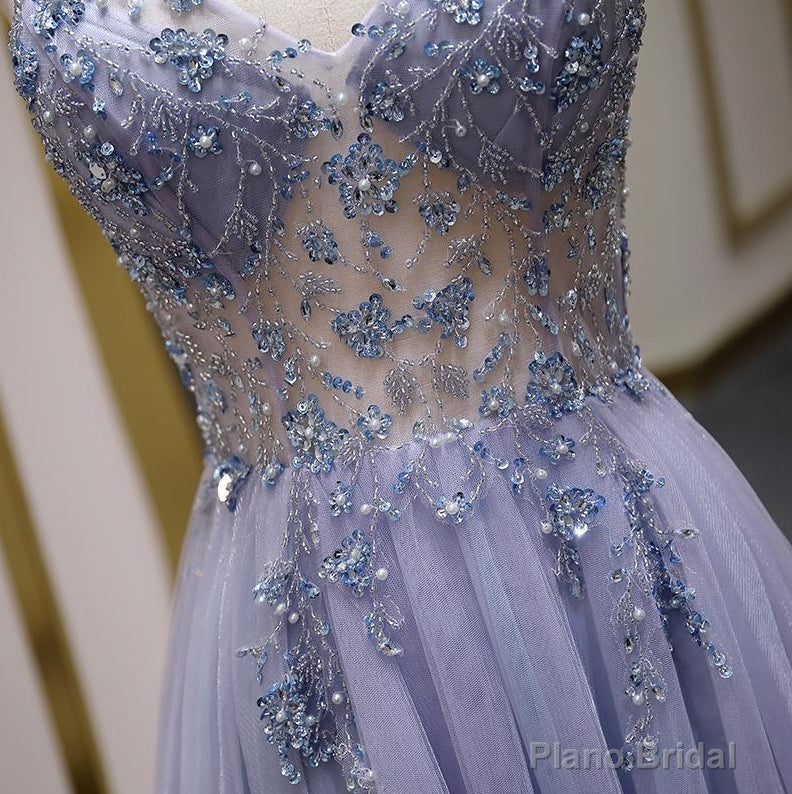 Luxury Beaded A Line Spaghetti Straps Long Prom Dresses,Split Tulle Evening Party Dress Secondary image
