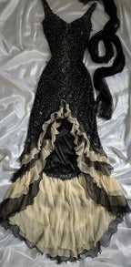 Luxury Beaded Mermaid Formal Prom Dresses, V-Neck Ruffle Party Dresses