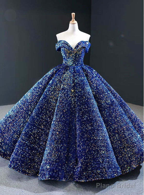 Luxury Blue Sequins Off the Shoulder Sleeveless Long Prom Dress Main image