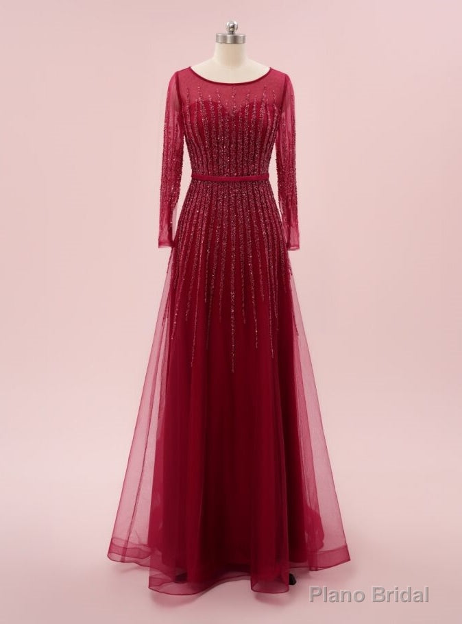 Luxury Burgundy Tulle Long Sleeve Beading Sequins Prom Dress
