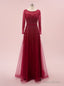 Luxury Burgundy Tulle Long Sleeve Beading Sequins Prom Dress
