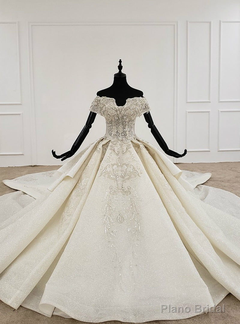 Luxury Champagne Ball Gown Tulle Off the Shoulder Beading Crystal Wedding Dress Main image