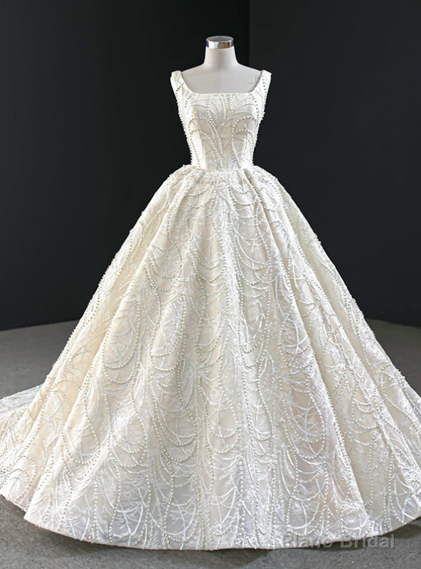 Luxury Champagne Ball Gown Tulle Pearls Square Wedding Dress Main image