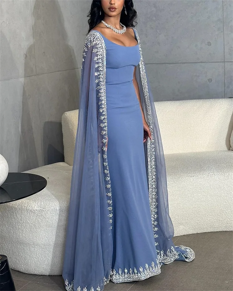 Vintage Dusty Blue Mermaid Formal Evening Dresses Applique Beaded Formal Prom Dresses Unique Cape Design Long Party Dresses Secondary image