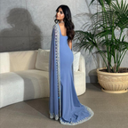 Vintage Dusty Blue Mermaid Formal Evening Dresses Applique Beaded Formal Prom Dresses Unique Cape Design Long Party Dresses