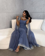 Vintage Dusty Blue Mermaid Formal Evening Dresses Applique Beaded Formal Prom Dresses Unique Cape Design Long Party Dresses
