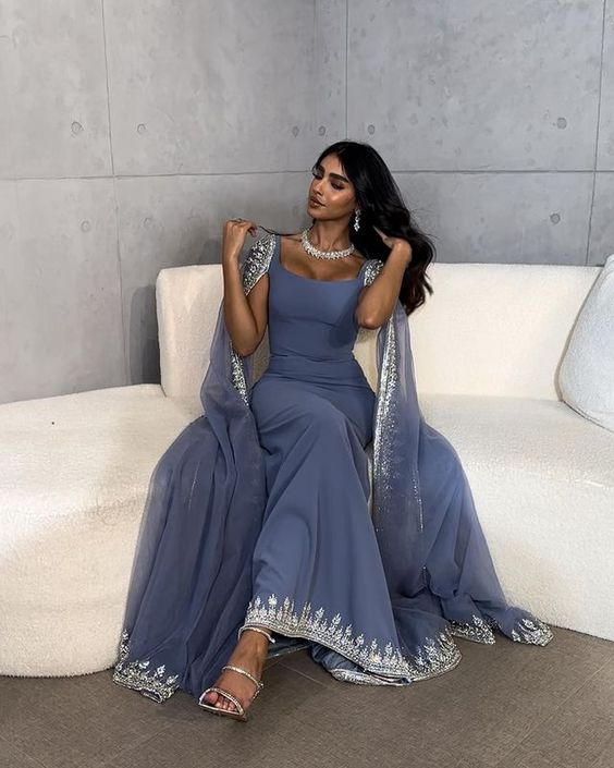 Vintage Dusty Blue Mermaid Formal Evening Dresses Applique Beaded Formal Prom Dresses Unique Cape Design Long Party Dresses