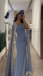 Vintage Dusty Blue Mermaid Formal Evening Dresses Applique Beaded Formal Prom Dresses Unique Cape Design Long Party Dresses