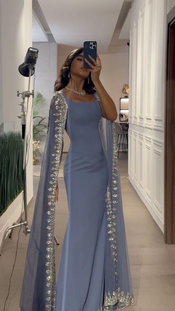 Vintage Dusty Blue Mermaid Formal Evening Dresses Applique Beaded Formal Prom Dresses Unique Cape Design Long Party Dresses