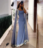 Vintage Dusty Blue Mermaid Formal Evening Dresses Applique Beaded Formal Prom Dresses Unique Cape Design Long Party Dresses