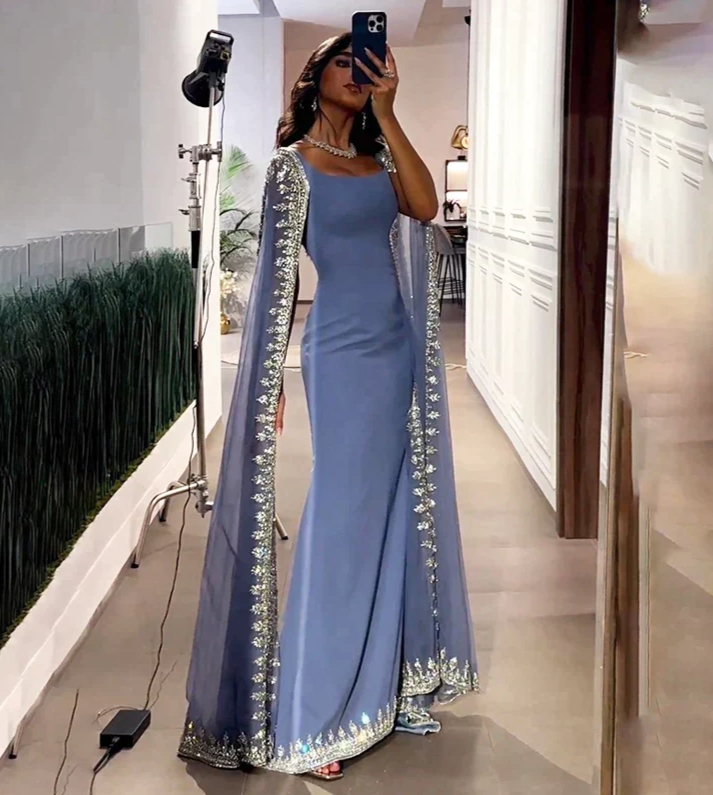 Vintage Dusty Blue Mermaid Formal Evening Dresses Applique Beaded Formal Prom Dresses Unique Cape Design Long Party Dresses