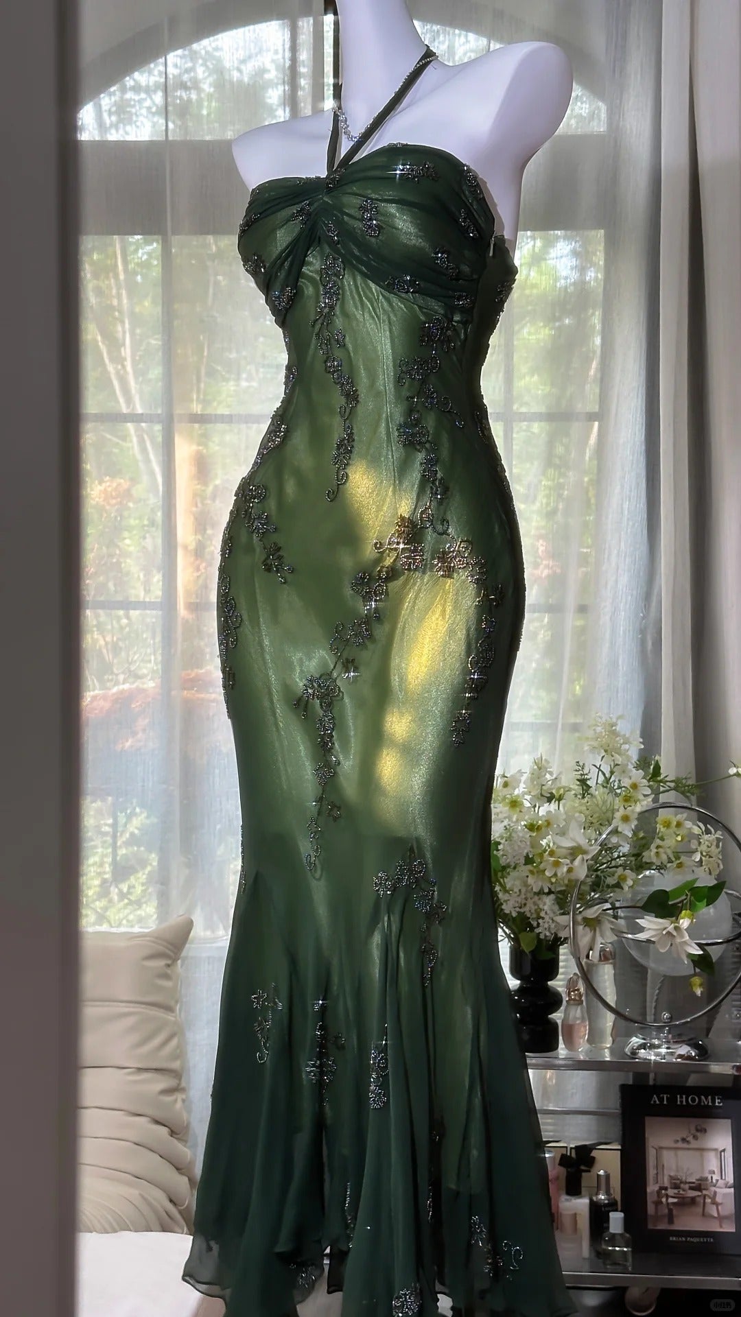 Luxury Dark Green Mermaid Bead Embroidered Chiffon Long Formal Prom Dresses