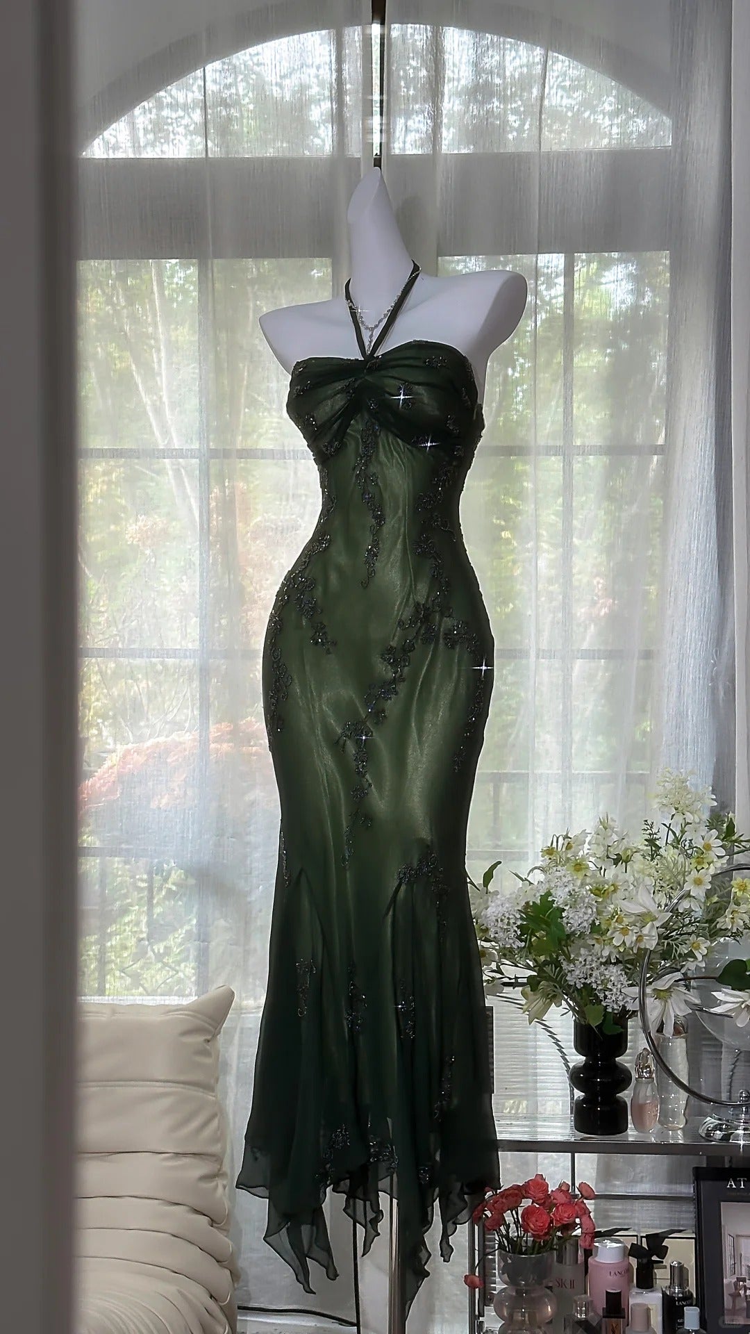 Luxury Dark Green Mermaid Bead Embroidered Chiffon Long Formal Prom Dresses
