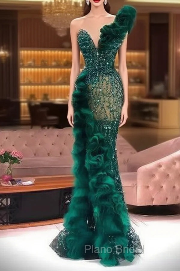 Luxury Evening Dresses Fashion Design Side Split Ruffles Tulle Mermaid Formal Prom Dresses Glitter Sequins Beads Custom Made Chic Formal