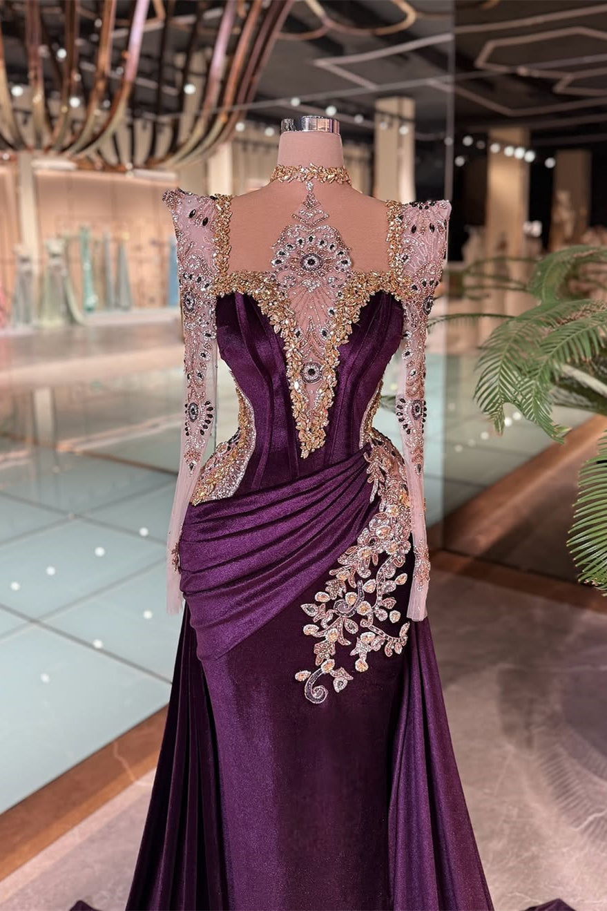 Luxury Grape Halter Long Sleeves Mermaid Prom Dresses Column Gem With Pleats