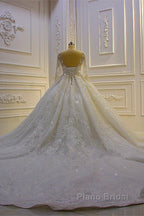 Luxury Long Ball Gown Lace Appliques Wedding Dress with Sleeves