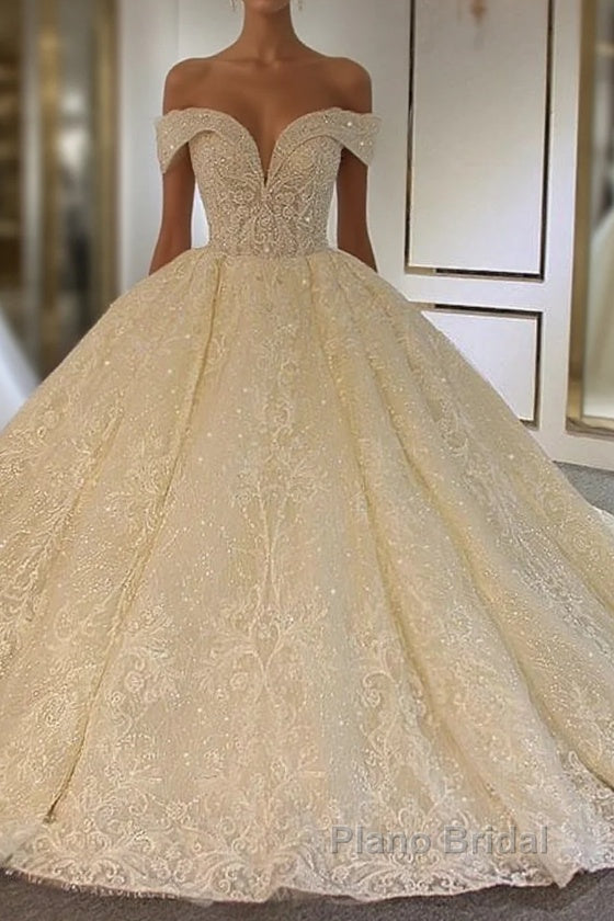 Luxury Long Ball Gown Off-the-Shoulder Lace Tulle Wedding Dresses with Beading Main image