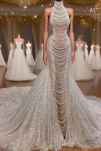 Luxury Long Mermaid Halter Beading Sleeveless Wedding Dress With Pearls