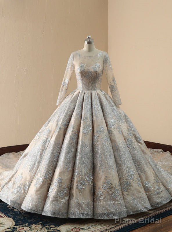 Luxury Long Sleeves Celebrities Sequins Backless Long Train Bridal Gown Main image