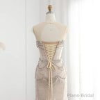Luxury Mermaid Crystal Pearls Nude Tulle Long Prom Dress