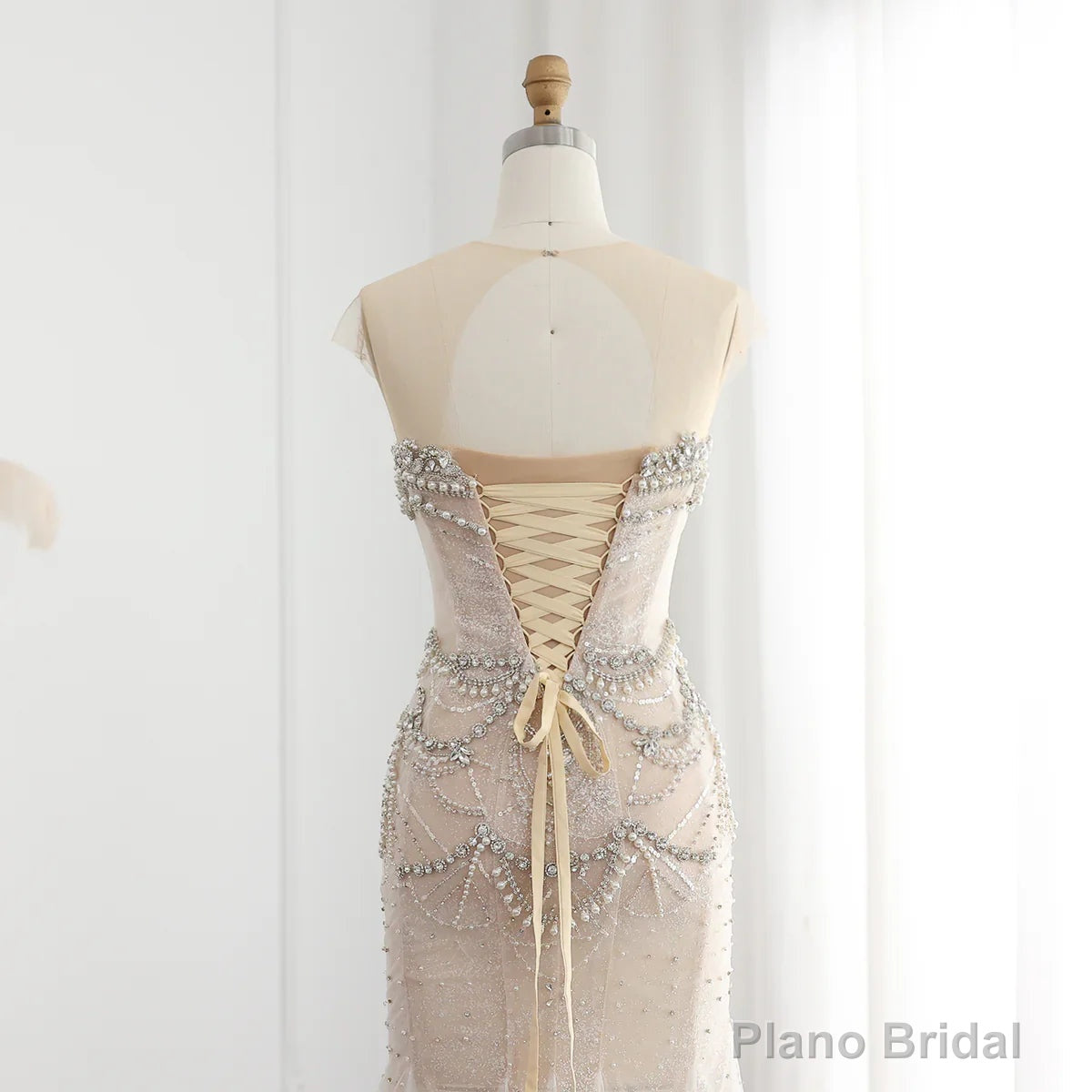 Luxury Mermaid Crystal Pearls Nude Tulle Long Prom Dress