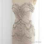 Luxury Mermaid Crystal Pearls Nude Tulle Long Prom Dress