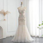 Luxury Mermaid Crystal Pearls Nude Tulle Long Prom Dress