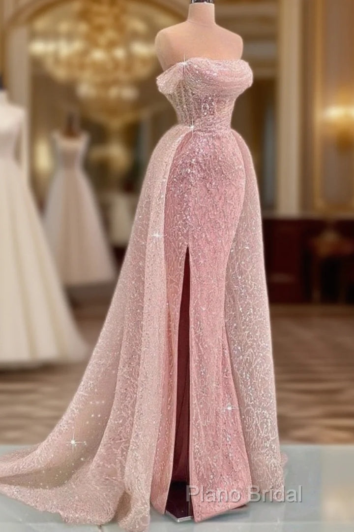 Luxury Mermaid Pink Floor Length Sleeveless Sequin Formal Prom Dresses