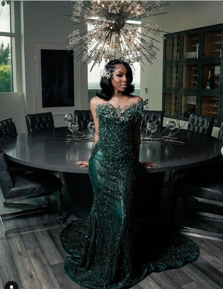Luxury One Shoulder Satin Beaded Formal Evening Dresses Emerald Green Mermaid Formal Prom Dresses Secondary image