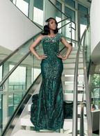 Luxury One Shoulder Satin Beaded Formal Evening Dresses Emerald Green Mermaid Formal Prom Dresses