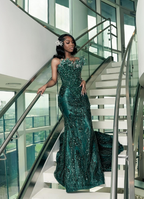 Luxury One Shoulder Satin Beaded Formal Evening Dresses Emerald Green Mermaid Formal Prom Dresses