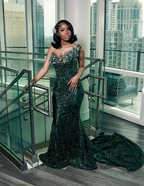 Luxury One Shoulder Satin Beaded Formal Evening Dresses Emerald Green Mermaid Formal Prom Dresses