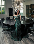 Luxury One Shoulder Satin Beaded Formal Evening Dresses Emerald Green Mermaid Formal Prom Dresses