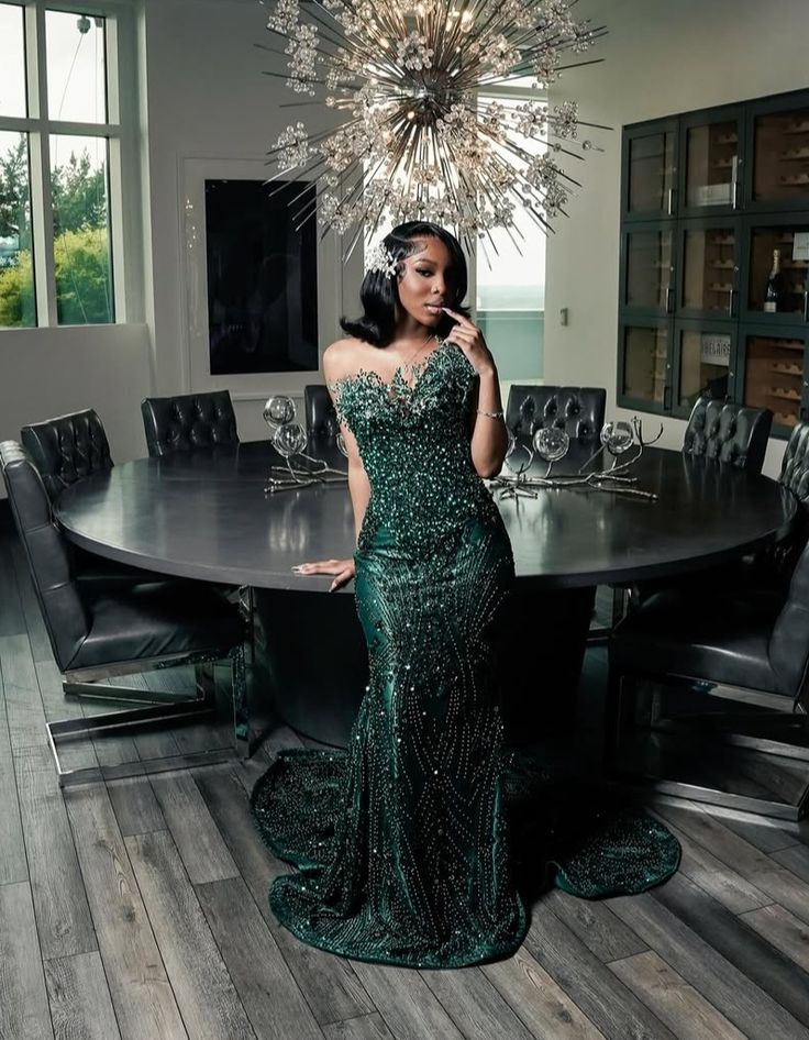 Luxury One Shoulder Satin Beaded Formal Evening Dresses Emerald Green Mermaid Formal Prom Dresses