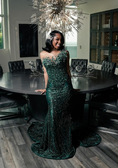 Luxury One Shoulder Satin Beaded Formal Evening Dresses Emerald Green Mermaid Formal Prom Dresses Main image