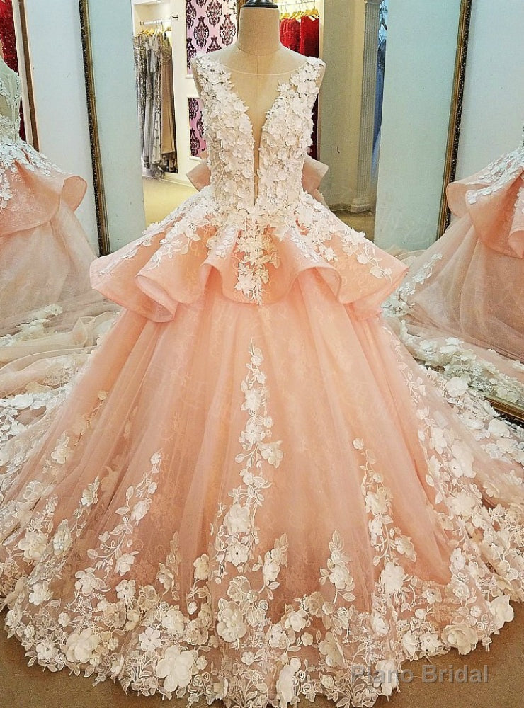 Luxury Pink Ball Gown Tulle Appliques Long Train Wedding Dress Main image