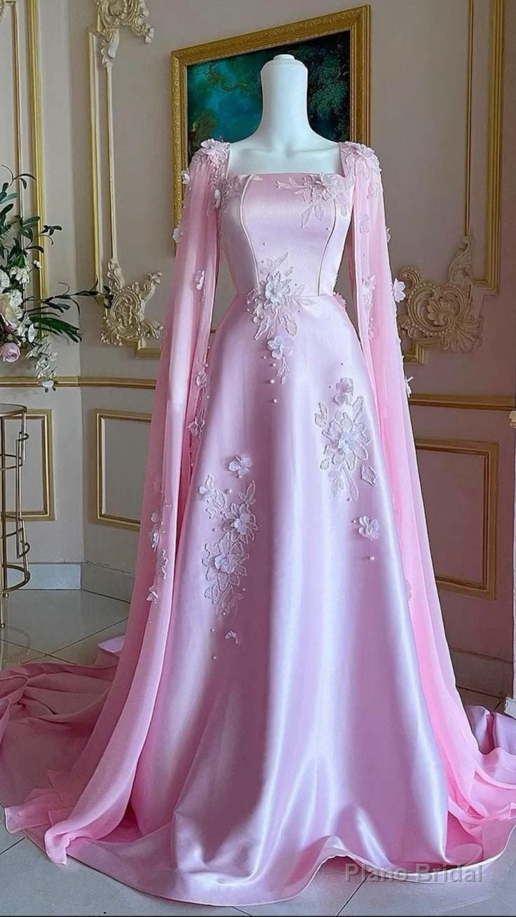 Luxury Pink Satin Long A Line Evening Dress Pretty Appliques Prom Dress Main image