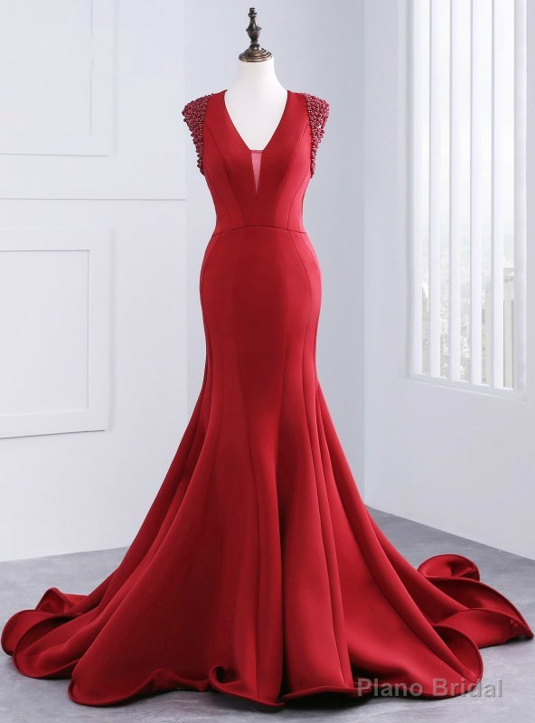Luxury Satin V-neck Mermaid Long Dresses Floor Length Evening Dresses Main image