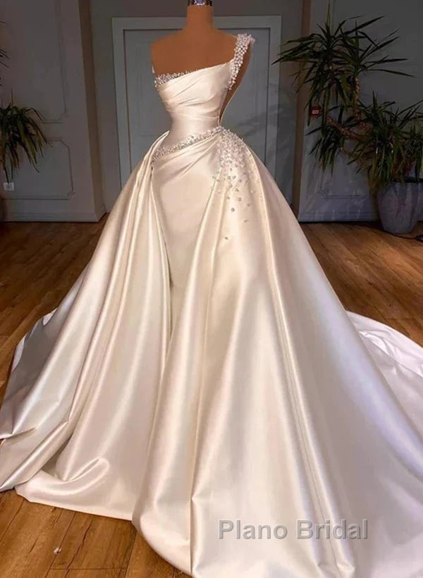 Luxury Satin Wedding Dresses Beaded One Shoulder Bridal Dresses With Panel Train Floor Length Elegant