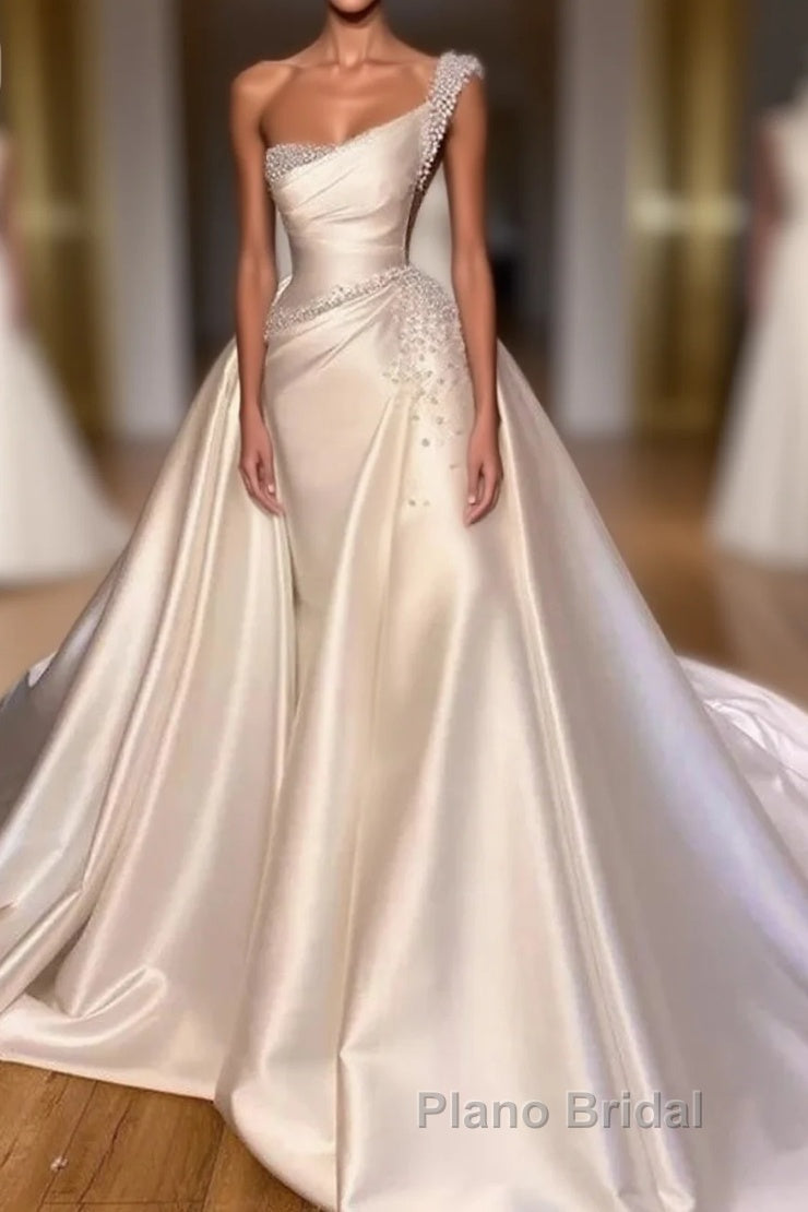 Luxury Satin Wedding Dresses Beaded One Shoulder Bridal Dresses With Panel Train Floor Length Elegant Main image
