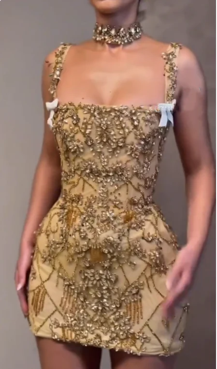 Luxury Sheath Square Neck Gold Short Formal Grade Homecoming Dresses Gold Cocktail Dresses