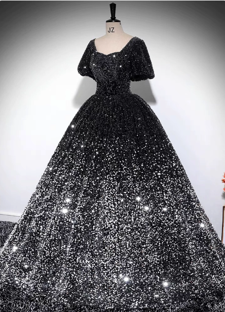 Luxury Shiny Black-Silver Gradient A-Line Short Sleeve Sequin Long Formal Prom Dresses Secondary image