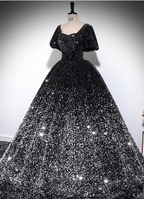 Luxury Shiny Black-Silver Gradient A-Line Short Sleeve Sequin Long Formal Prom Dresses