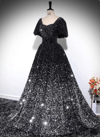 Luxury Shiny Black-Silver Gradient A-Line Short Sleeve Sequin Long Formal Prom Dresses