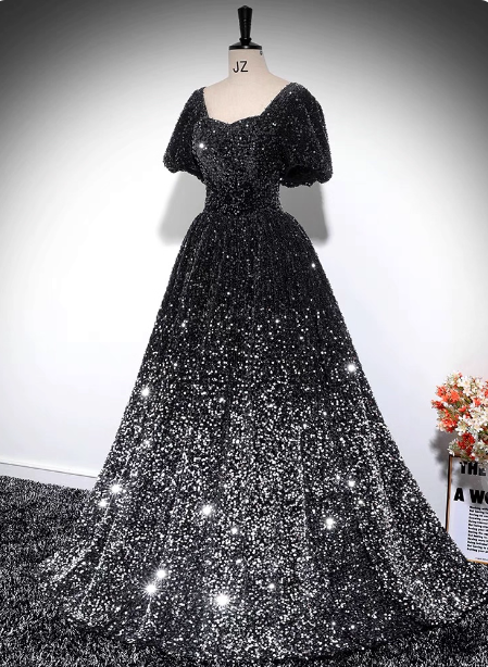 Luxury Shiny Black-Silver Gradient A-Line Short Sleeve Sequin Long Formal Prom Dresses